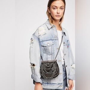 Free People Diamonte Embellished Crossbody Bag Onyx Metal Stubs Chains